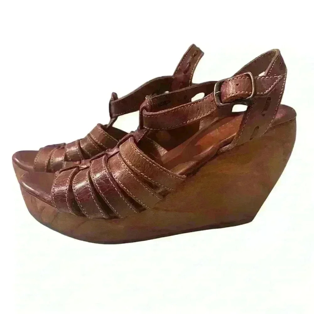 Bed Stu Woven Sling Back Brown Leather Wooden Wedge Sandals Women Sz 8